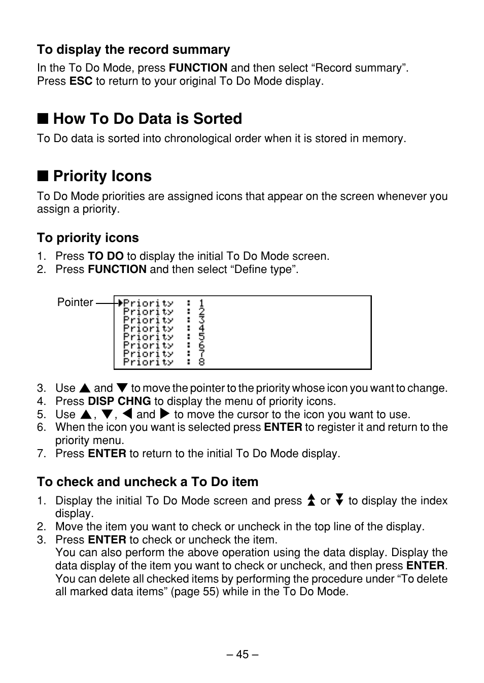 How to do data is sorted, Priority icons | Casio SF-7100SY User Manual | Page 47 / 83