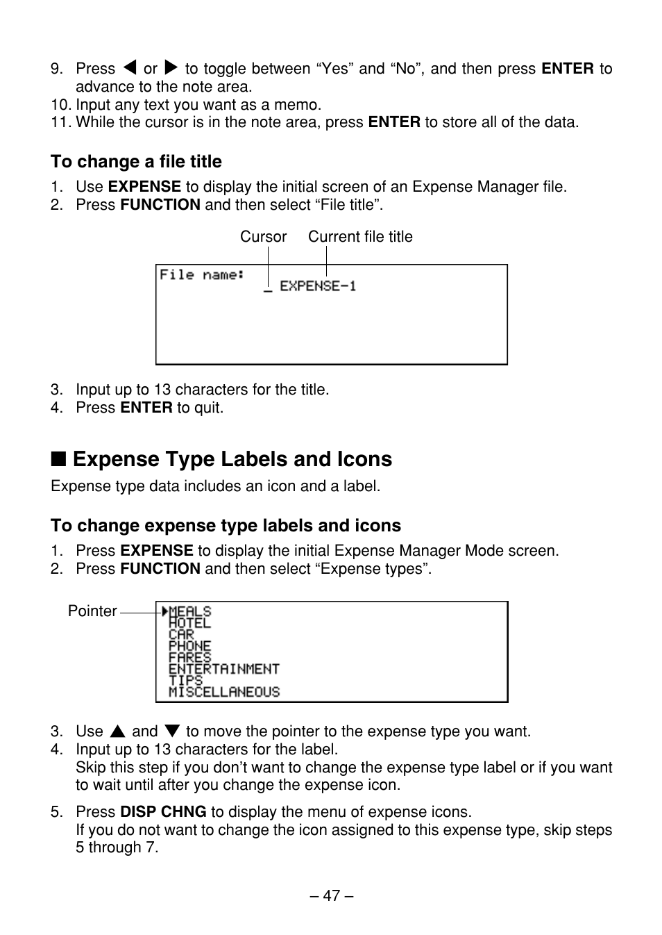 Expense type labels and icons | Casio SF-7100SY User Manual | Page 49 / 83