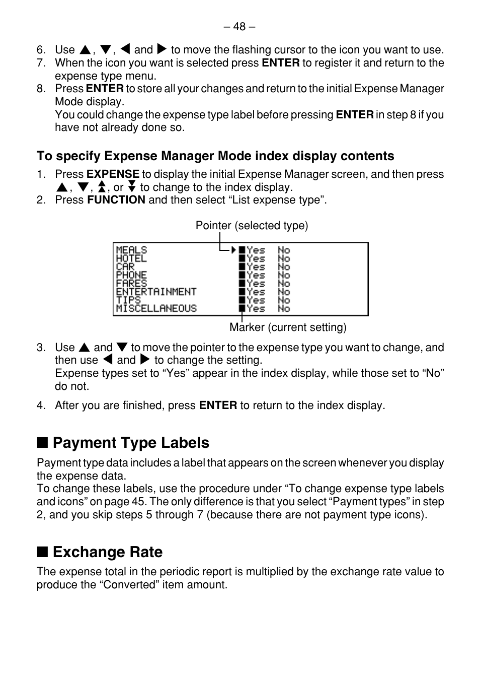 Payment type labels, Exchange rate | Casio SF-7100SY User Manual | Page 50 / 83