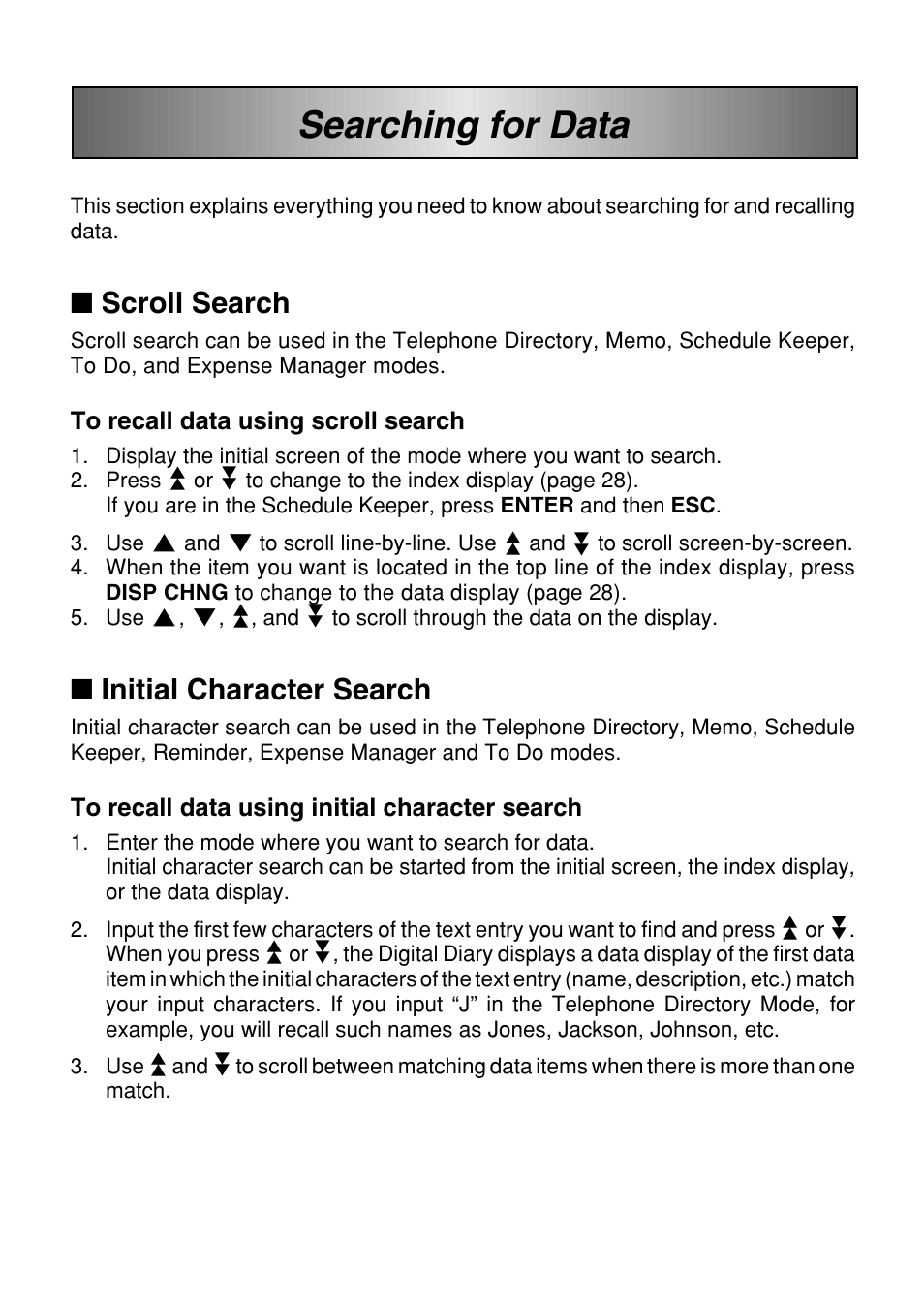 Searching for data, Scroll search, Initial character search | Casio SF-7100SY User Manual | Page 52 / 83