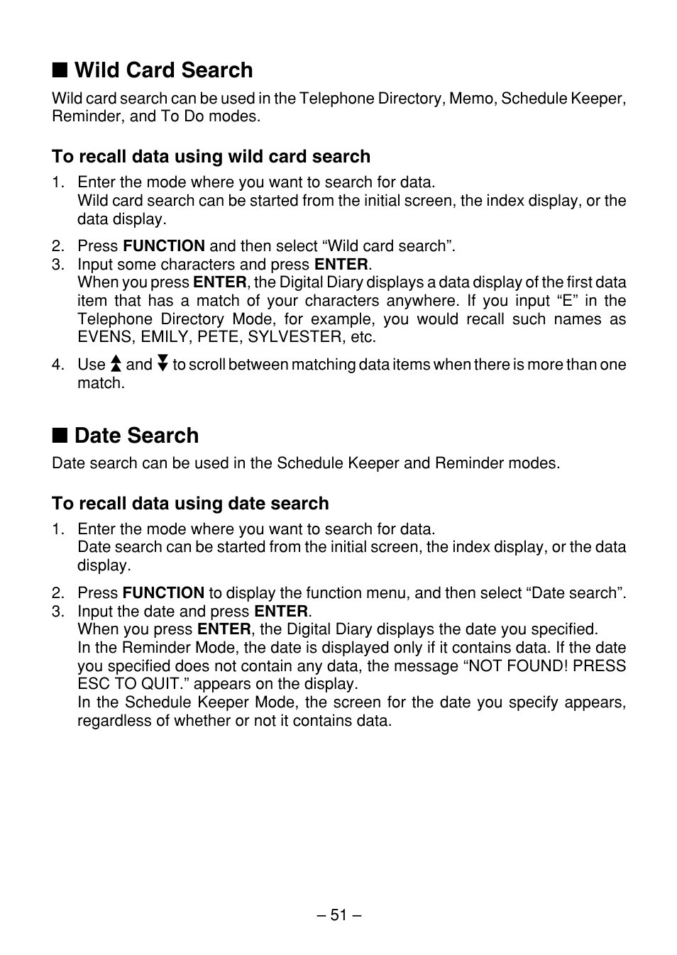 Wild card search, Date search | Casio SF-7100SY User Manual | Page 53 / 83