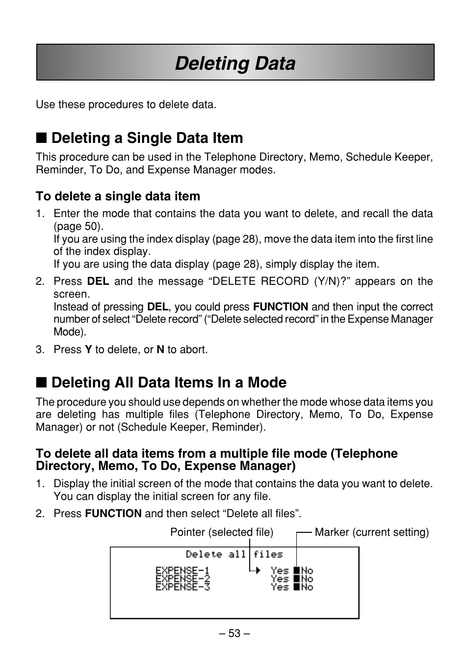 Deleting data, Deleting a single data item, Deleting all data items in a mode | Casio SF-7100SY User Manual | Page 55 / 83