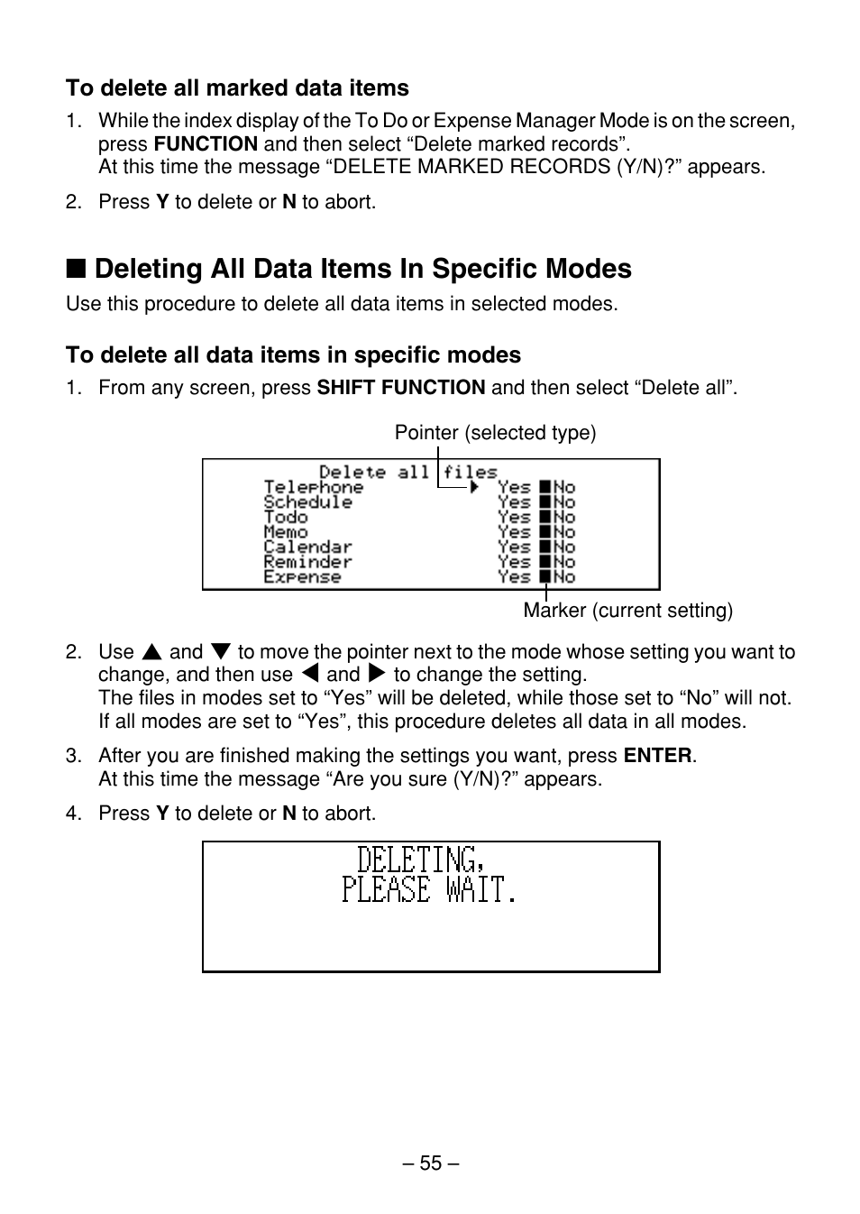 Deleting all data items in specific modes | Casio SF-7100SY User Manual | Page 57 / 83