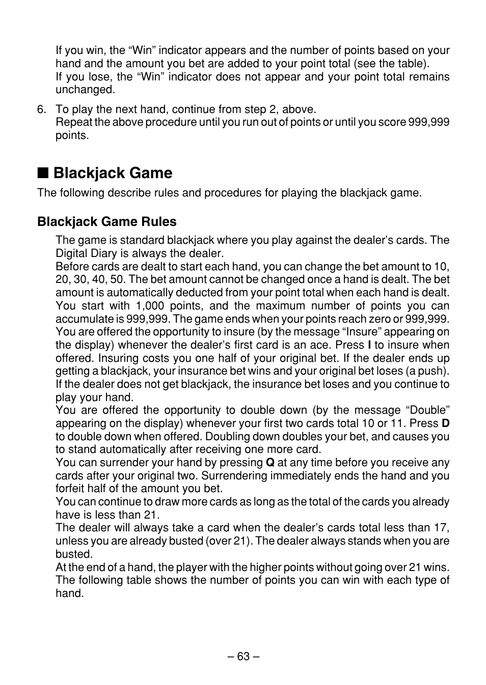 Blackjack game | Casio SF-7100SY User Manual | Page 65 / 83