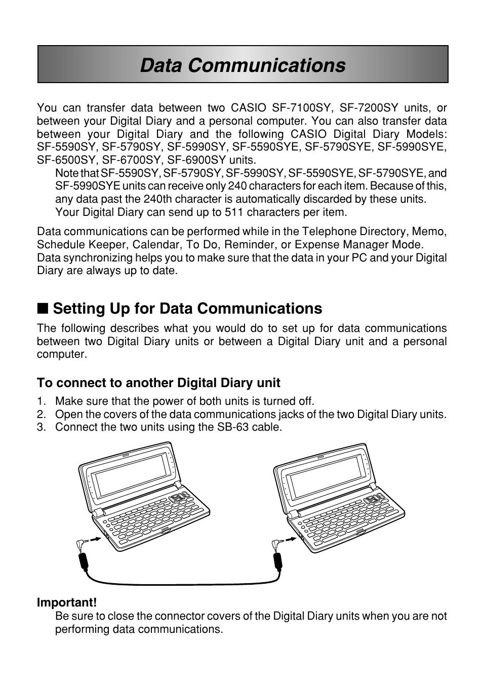 Data communications, Setting up for data communications | Casio SF-7100SY User Manual | Page 70 / 83