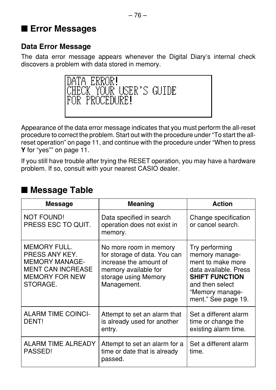 Error messages, Message table | Casio SF-7100SY User Manual | Page 78 / 83