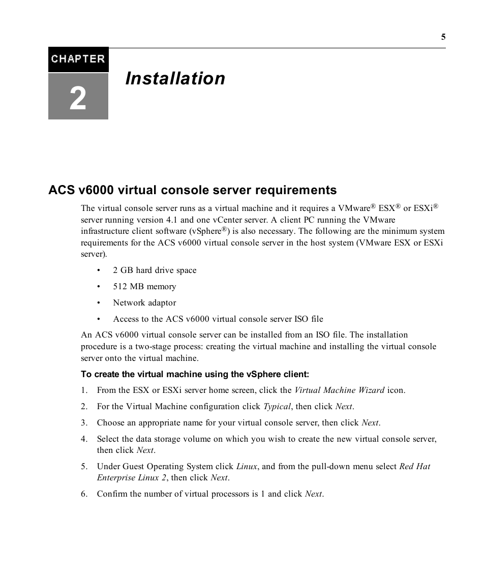 Installation, Acs v6000 virtual console server requirements | Avocent ACS V6000 User Manual | Page 10 / 58