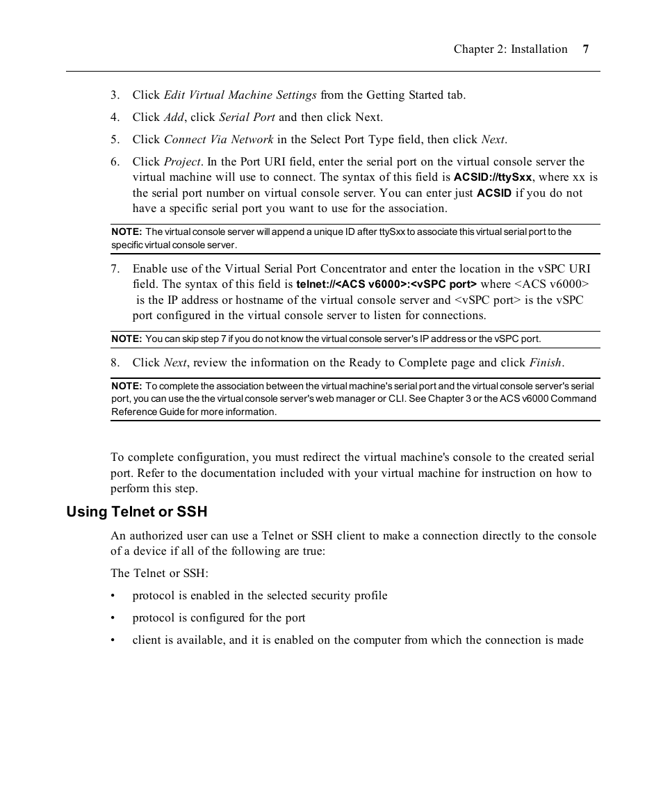 Using telnet or ssh | Avocent ACS V6000 User Manual | Page 12 / 58