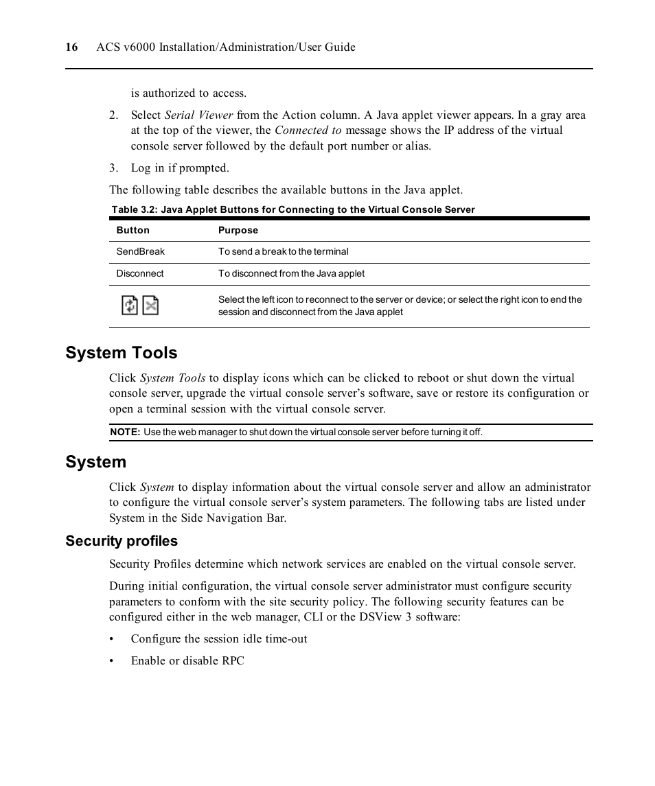 System tools, System, Security profiles | Avocent ACS V6000 User Manual | Page 21 / 58