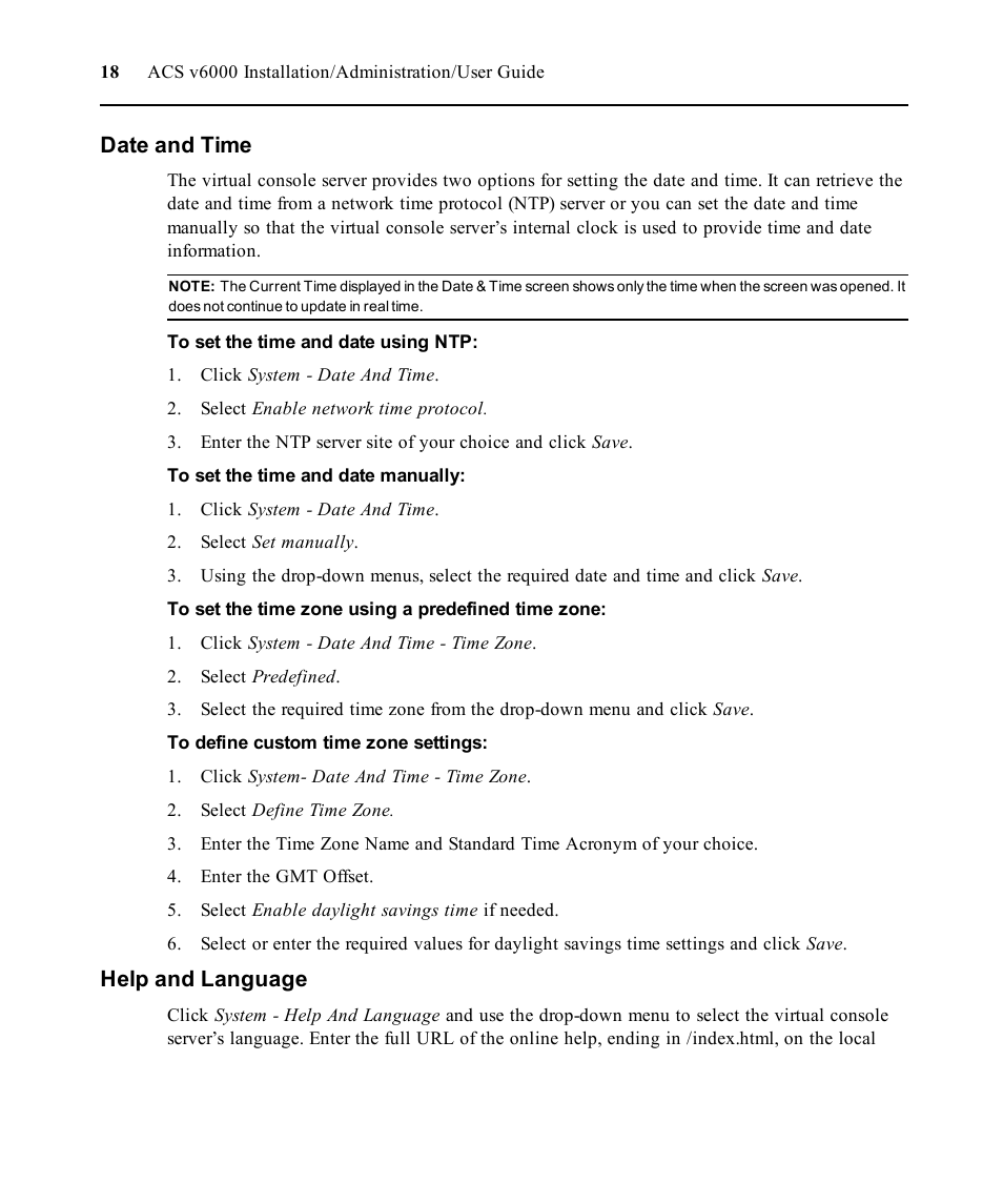 Date and time, Help and language | Avocent ACS V6000 User Manual | Page 23 / 58