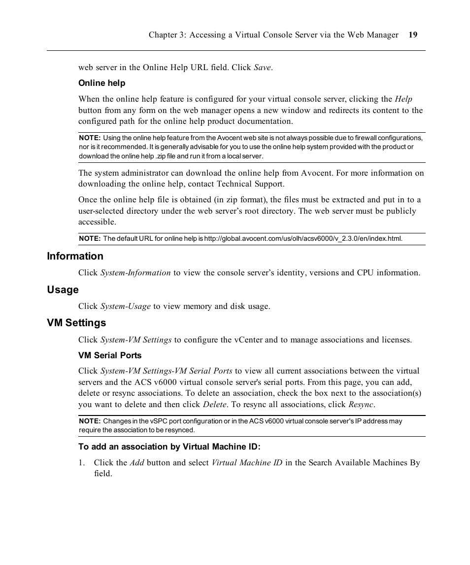 Information, Usage, Vm settings | Avocent ACS V6000 User Manual | Page 24 / 58