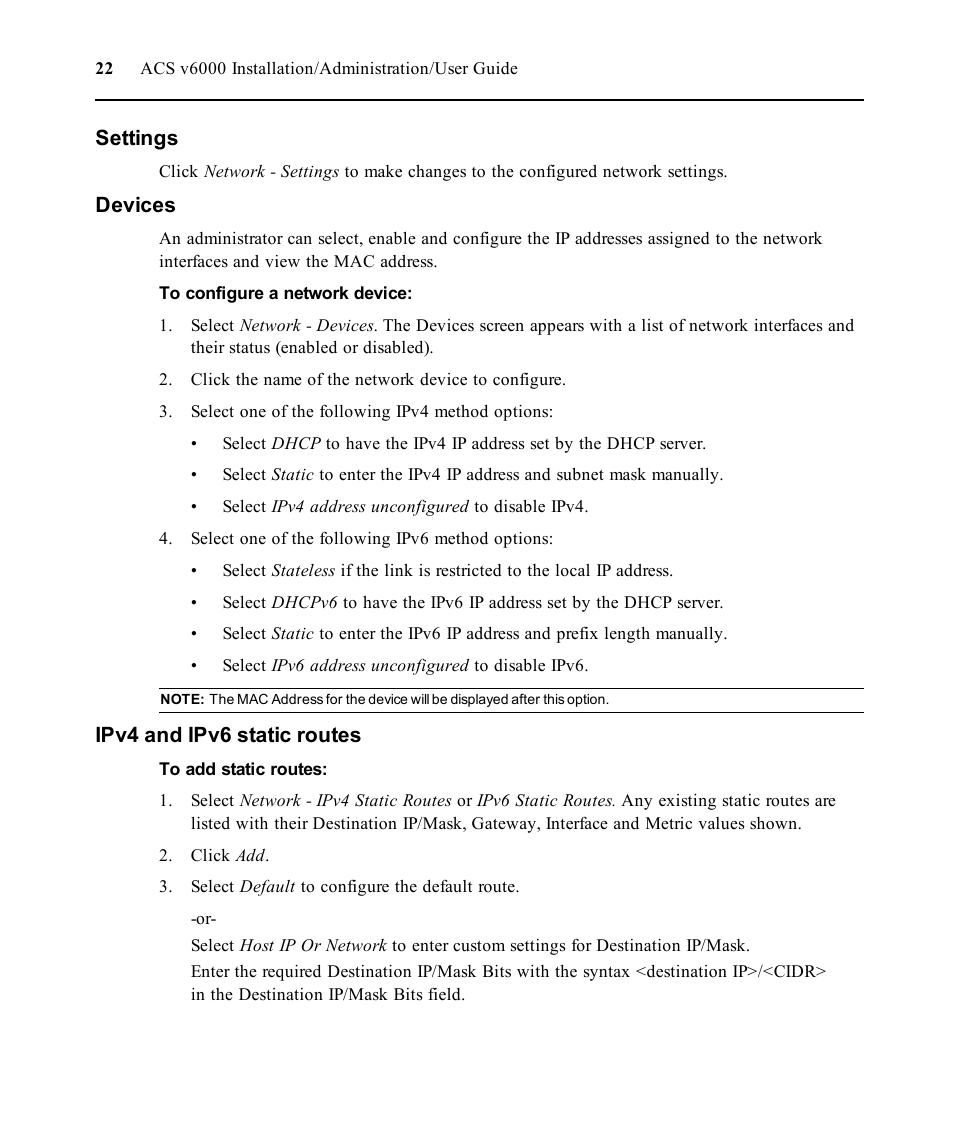 Settings, Devices, Ipv4 and ipv6 static routes | Avocent ACS V6000 User Manual | Page 27 / 58