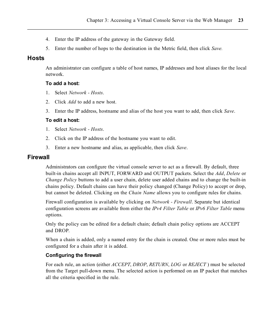 Hosts, Firewall | Avocent ACS V6000 User Manual | Page 28 / 58