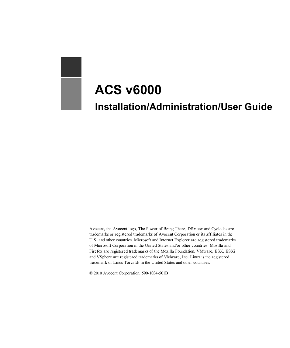 Acs v6000, Installation/administration/user guide | Avocent ACS V6000 User Manual | Page 3 / 58