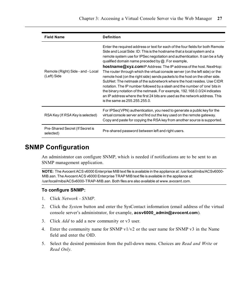 Snmp configuration | Avocent ACS V6000 User Manual | Page 32 / 58