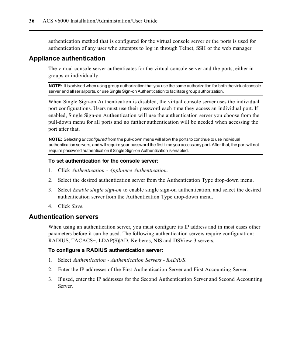 Appliance authentication, Authentication servers | Avocent ACS V6000 User Manual | Page 41 / 58