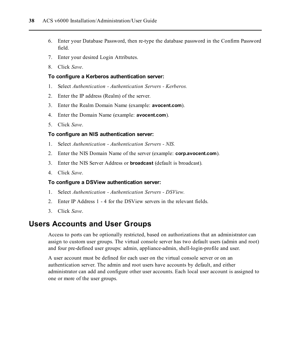 Users accounts and user groups | Avocent ACS V6000 User Manual | Page 43 / 58