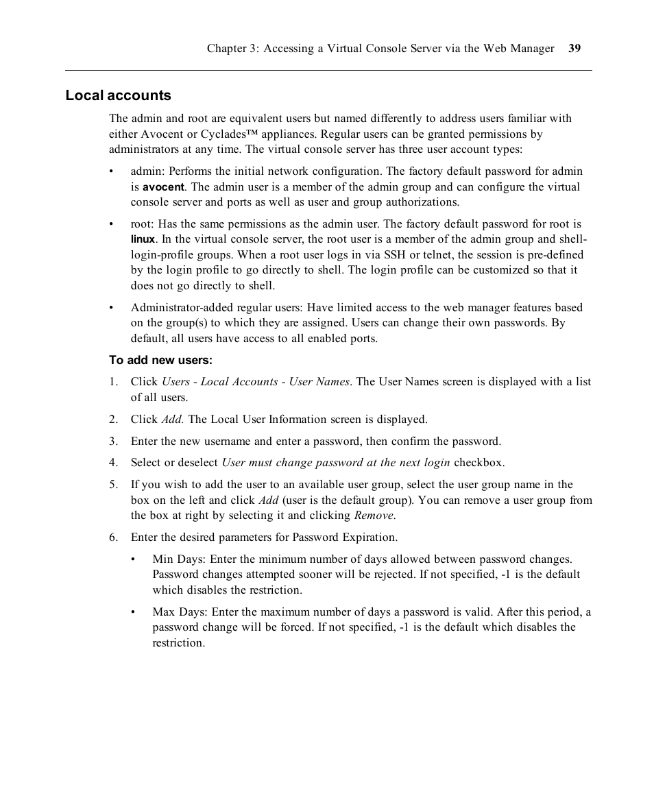 Local accounts | Avocent ACS V6000 User Manual | Page 44 / 58