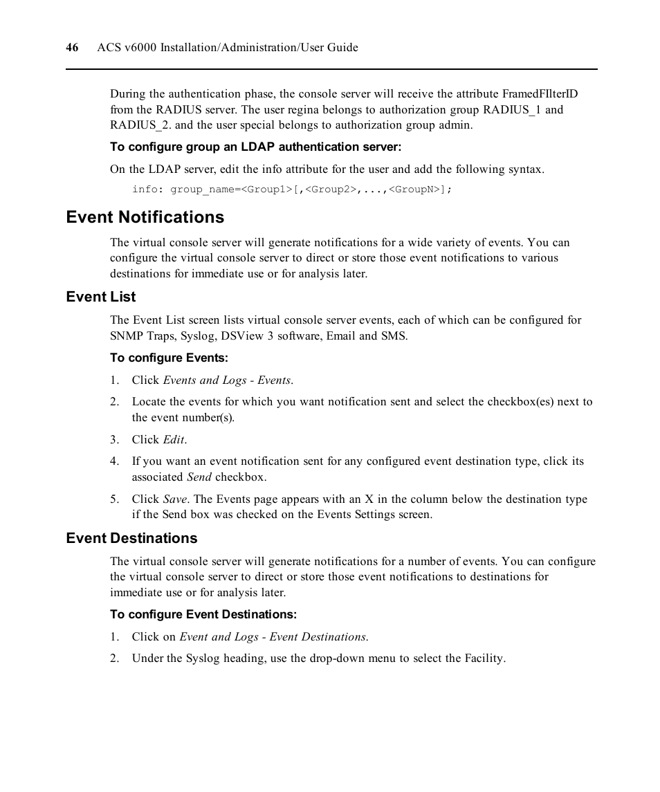 Event notifications, Event list, Event destinations | Avocent ACS V6000 User Manual | Page 51 / 58