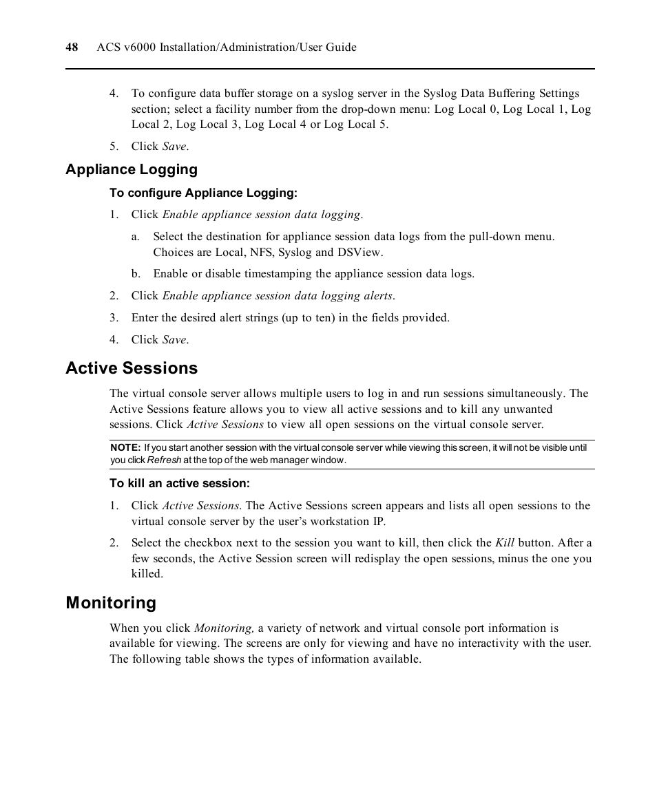 Appliance logging, Active sessions, Monitoring | Avocent ACS V6000 User Manual | Page 53 / 58