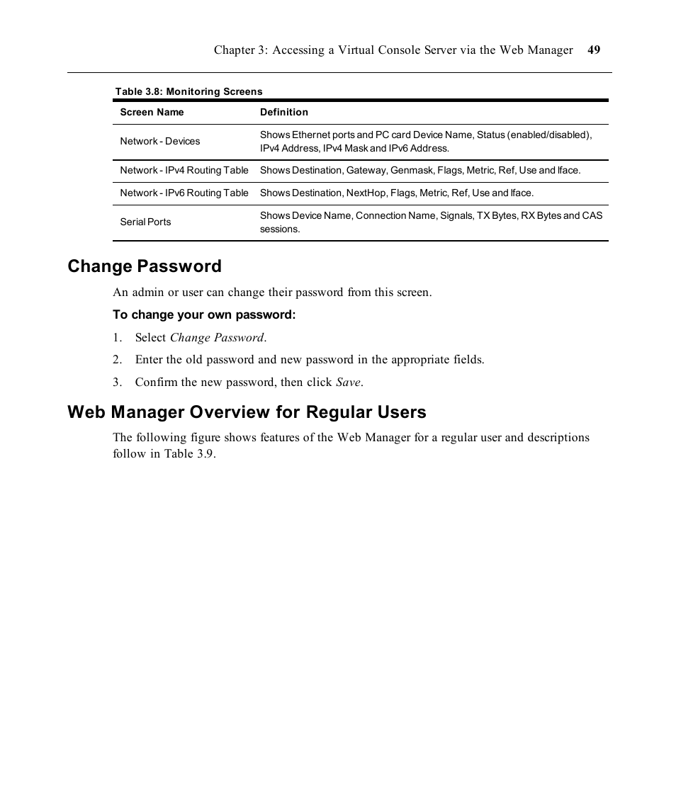 Change password, Web manager overview for regular users, Chapter3_2087875434_1007889 | Avocent ACS V6000 User Manual | Page 54 / 58