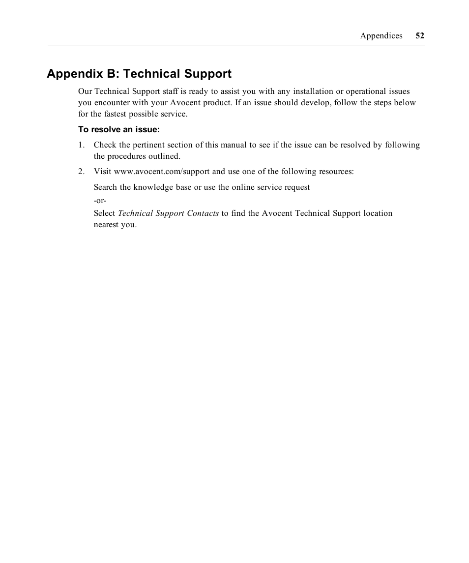 Appendix b: technical support | Avocent ACS V6000 User Manual | Page 57 / 58