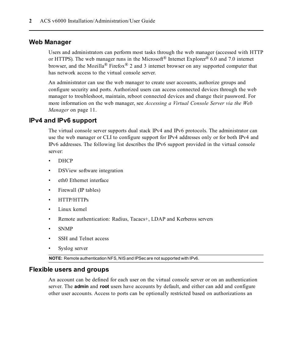 Web manager, Ipv4 and ipv6 support, Flexible users and groups | Avocent ACS V6000 User Manual | Page 7 / 58