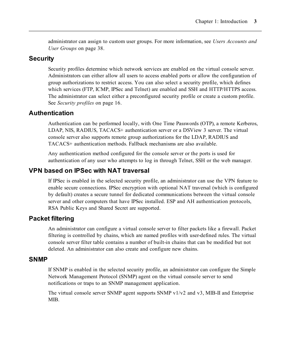 Security, Authentication, Vpn based on ipsec with nat traversal | Packet filtering, Snmp | Avocent ACS V6000 User Manual | Page 8 / 58