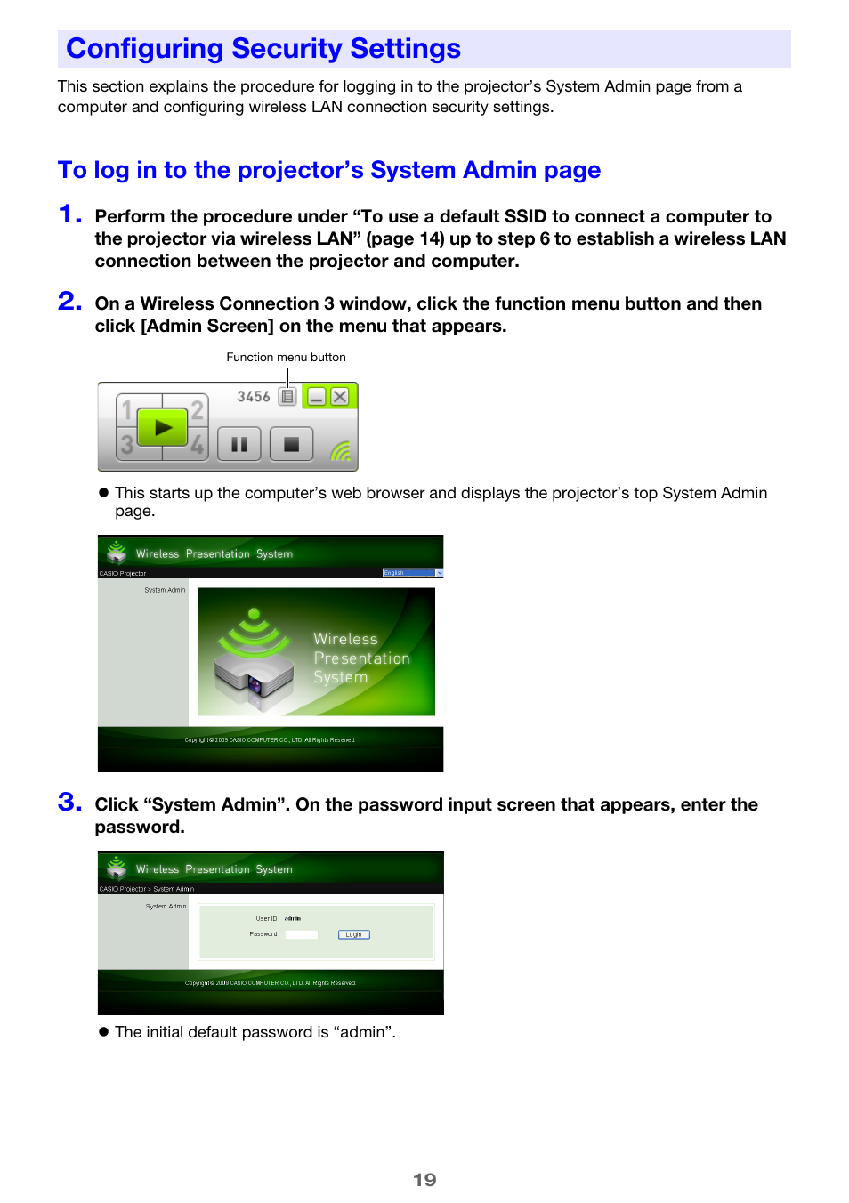 Configuring security settings | Casio XJ-A255 User Manual | Page 19 / 46