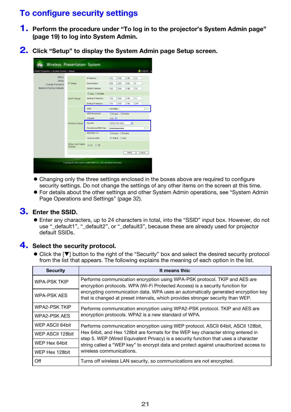 To configure security settings | Casio XJ-A255 User Manual | Page 21 / 46