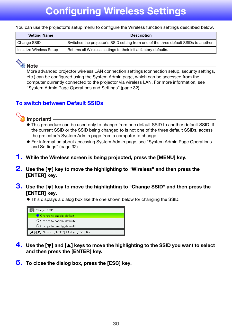 Configuring wireless settings | Casio XJ-A255 User Manual | Page 30 / 46