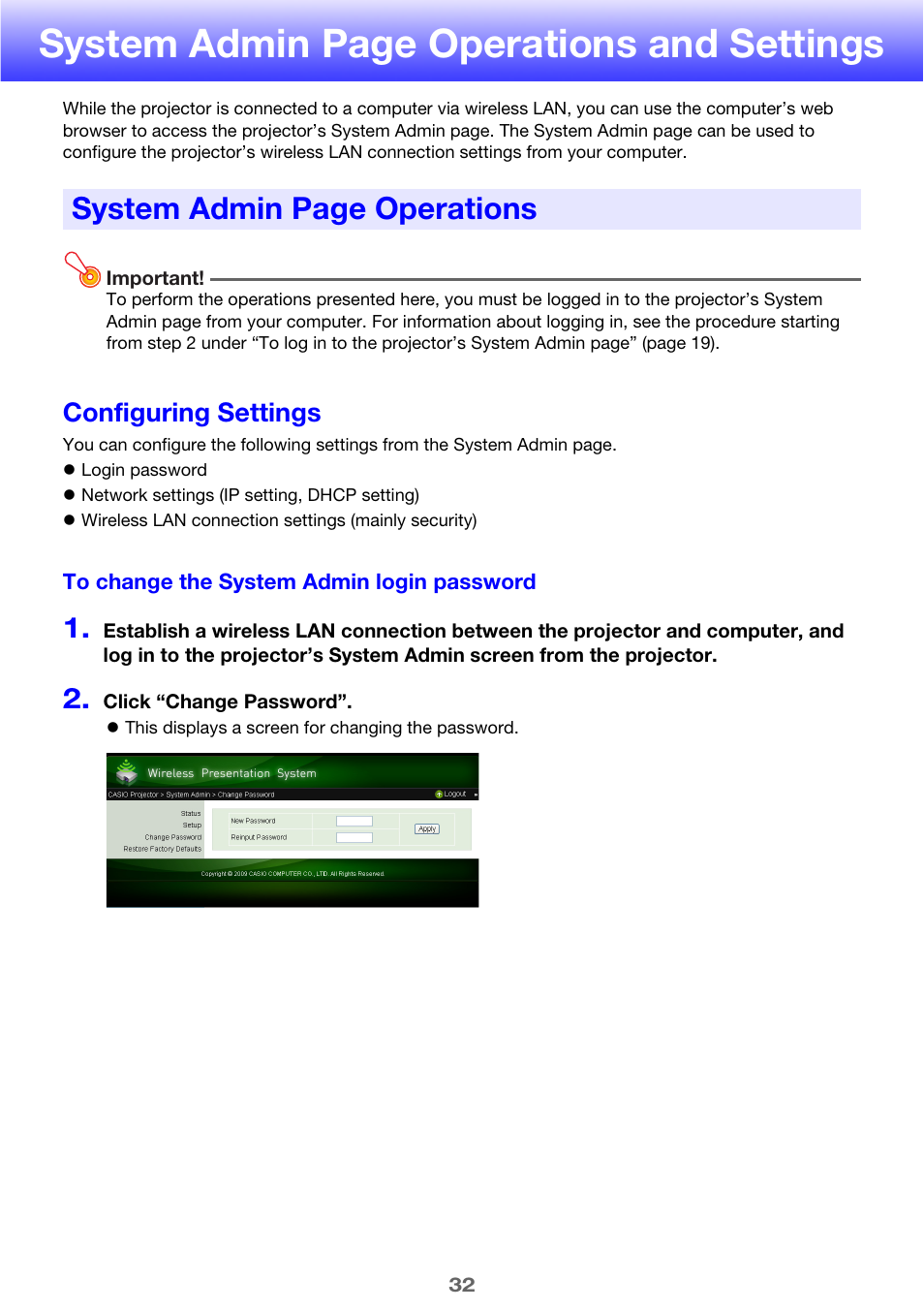 Configuring settings, System admin, System admin page operations and settings | System admin page operations | Casio XJ-A255 User Manual | Page 32 / 46