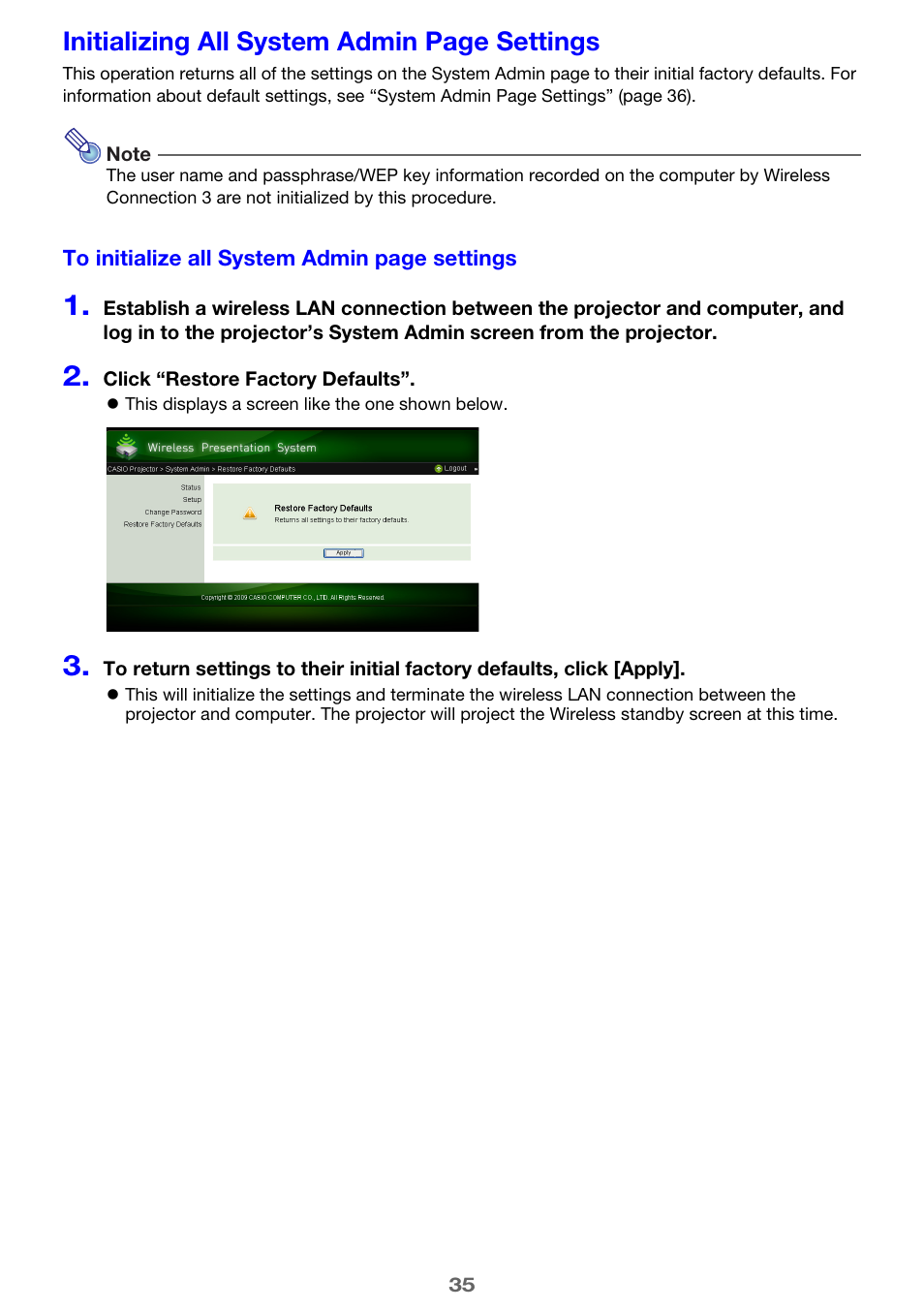 Initializing all system admin page settings | Casio XJ-A255 User Manual | Page 35 / 46