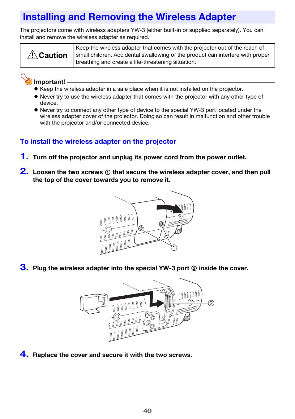Installing and removing the wireless adapter | Casio XJ-A255 User Manual | Page 40 / 46