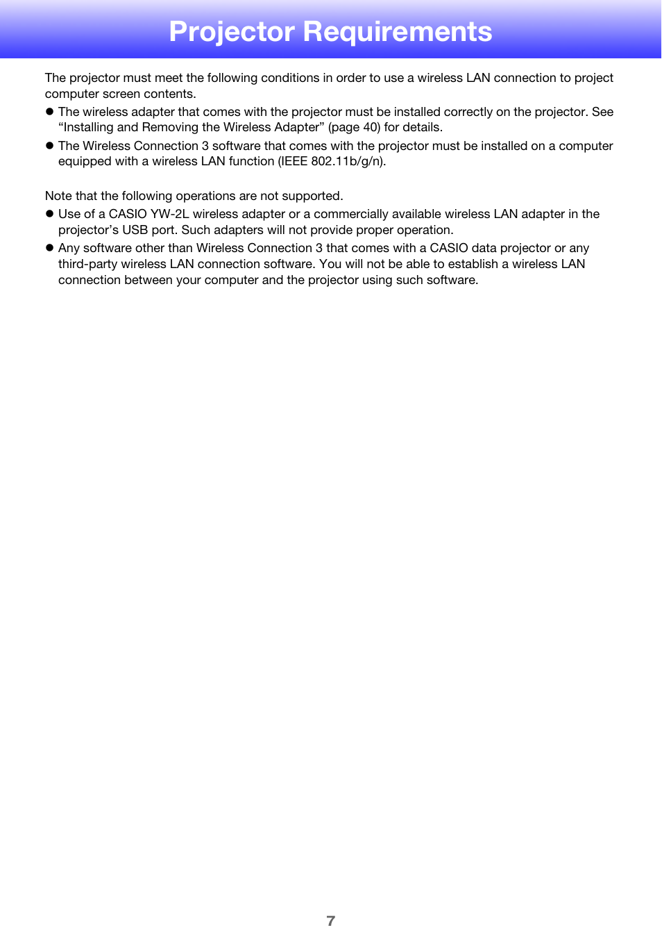 Projector requirements | Casio XJ-A255 User Manual | Page 7 / 46