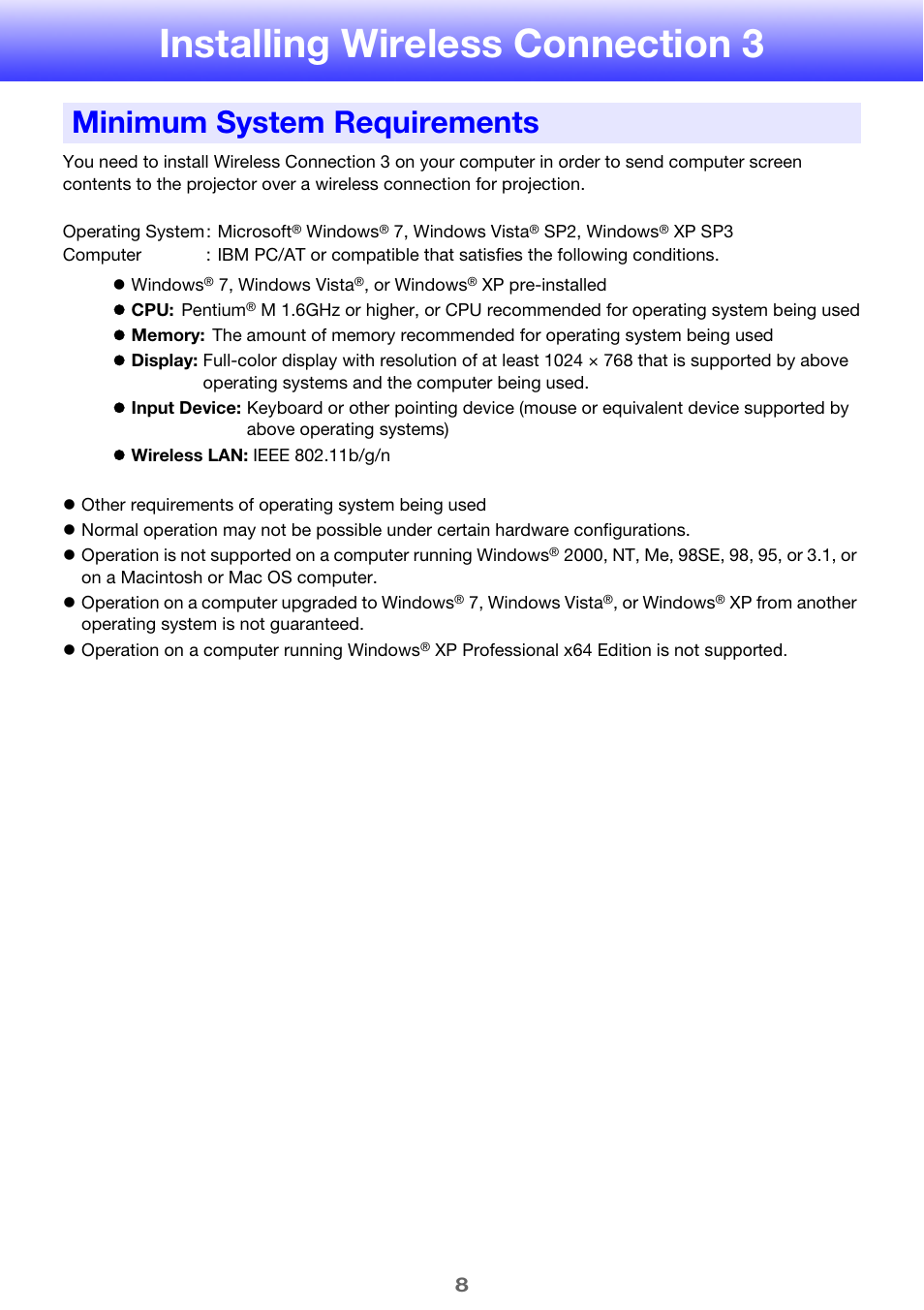 Installing wireless connection 3, Minimum system requirements | Casio XJ-A255 User Manual | Page 8 / 46