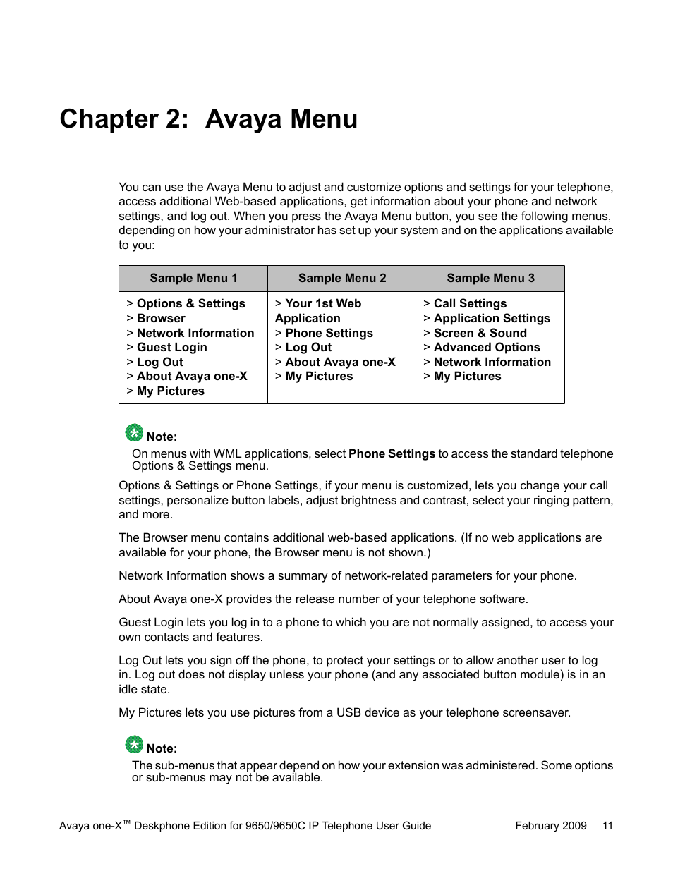 Chapter 2: avaya menu | Avaya 9650C User Manual | Page 11 / 62