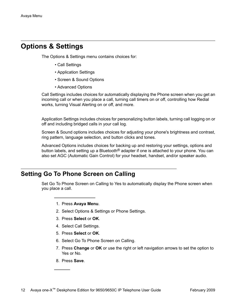 Options & settings, Setting go to phone screen on calling | Avaya 9650C User Manual | Page 12 / 62