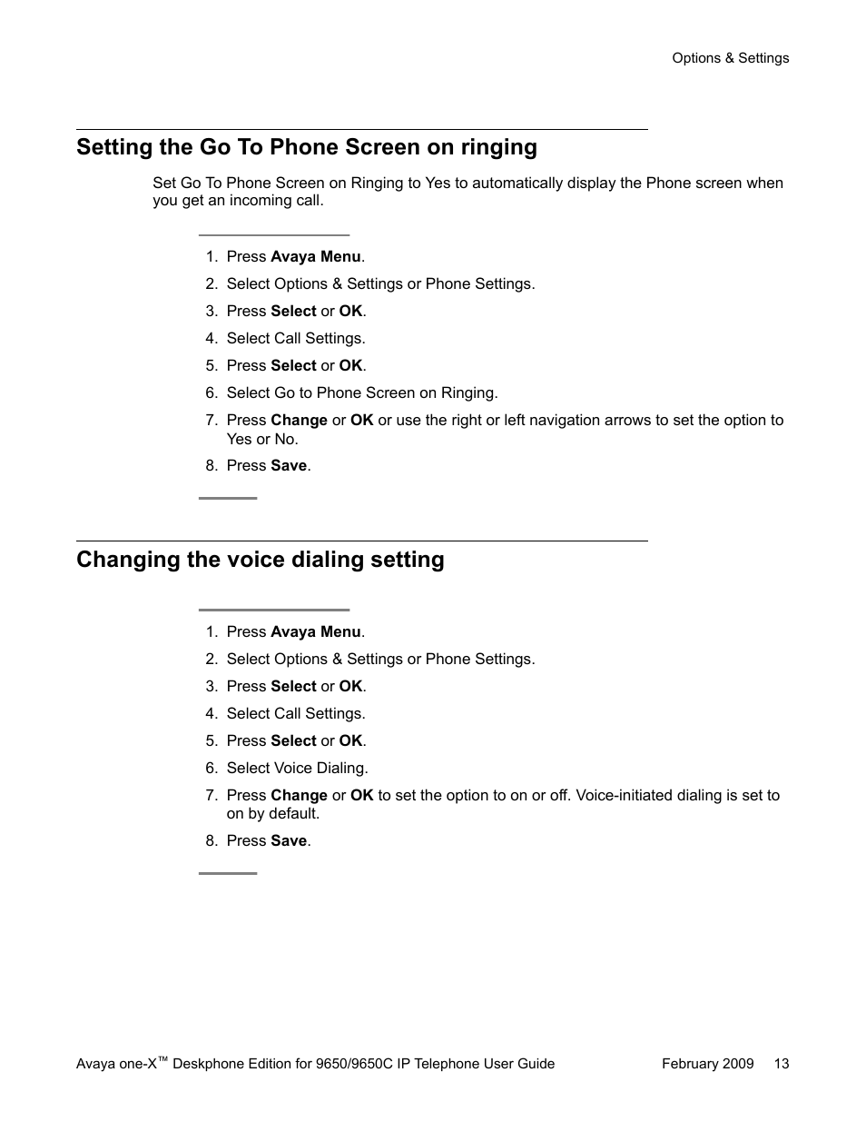 Setting the go to phone screen on ringing, Changing the voice dialing setting | Avaya 9650C User Manual | Page 13 / 62
