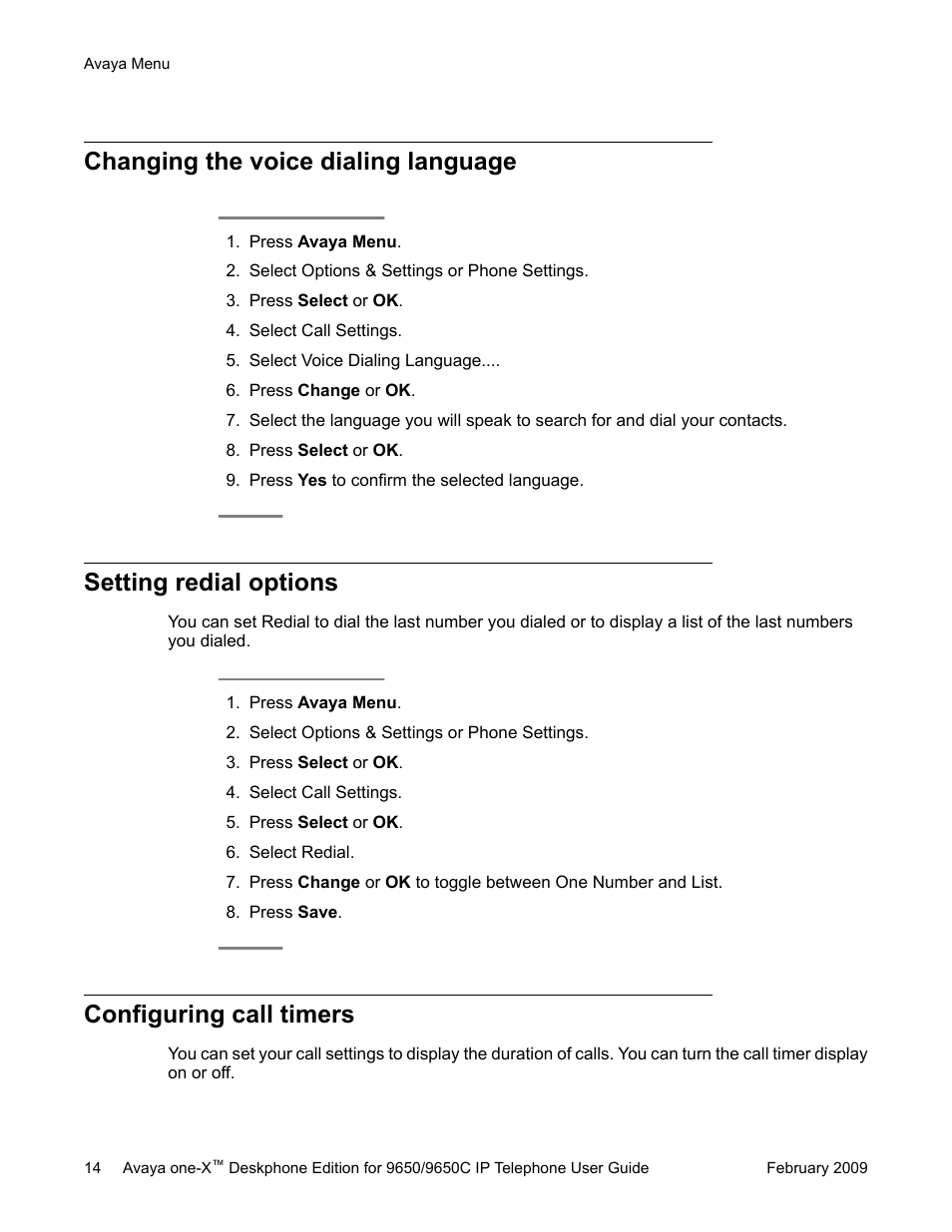 Changing the voice dialing language, Setting redial options, Configuring call timers | Avaya 9650C User Manual | Page 14 / 62