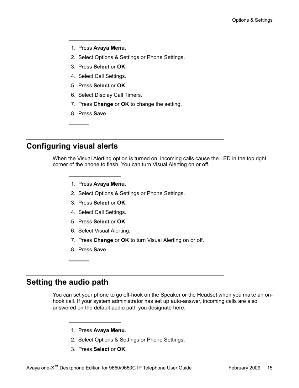 Configuring visual alerts, Setting the audio path, Configuring visual alerts setting the audio path | Avaya 9650C User Manual | Page 15 / 62