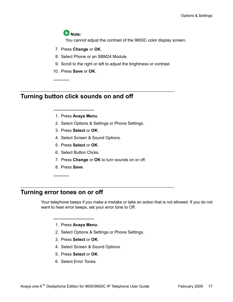 Turning button click sounds on and off, Turning error tones on or off | Avaya 9650C User Manual | Page 17 / 62