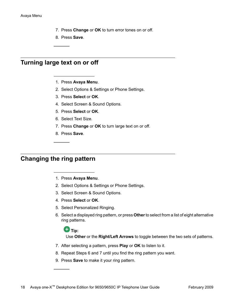 Turning large text on or off, Changing the ring pattern | Avaya 9650C User Manual | Page 18 / 62