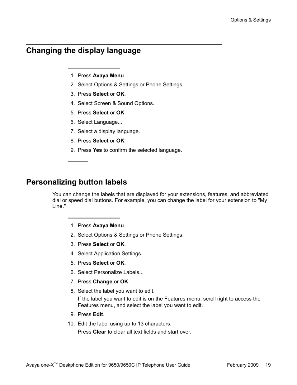 Changing the display language, Personalizing button labels | Avaya 9650C User Manual | Page 19 / 62