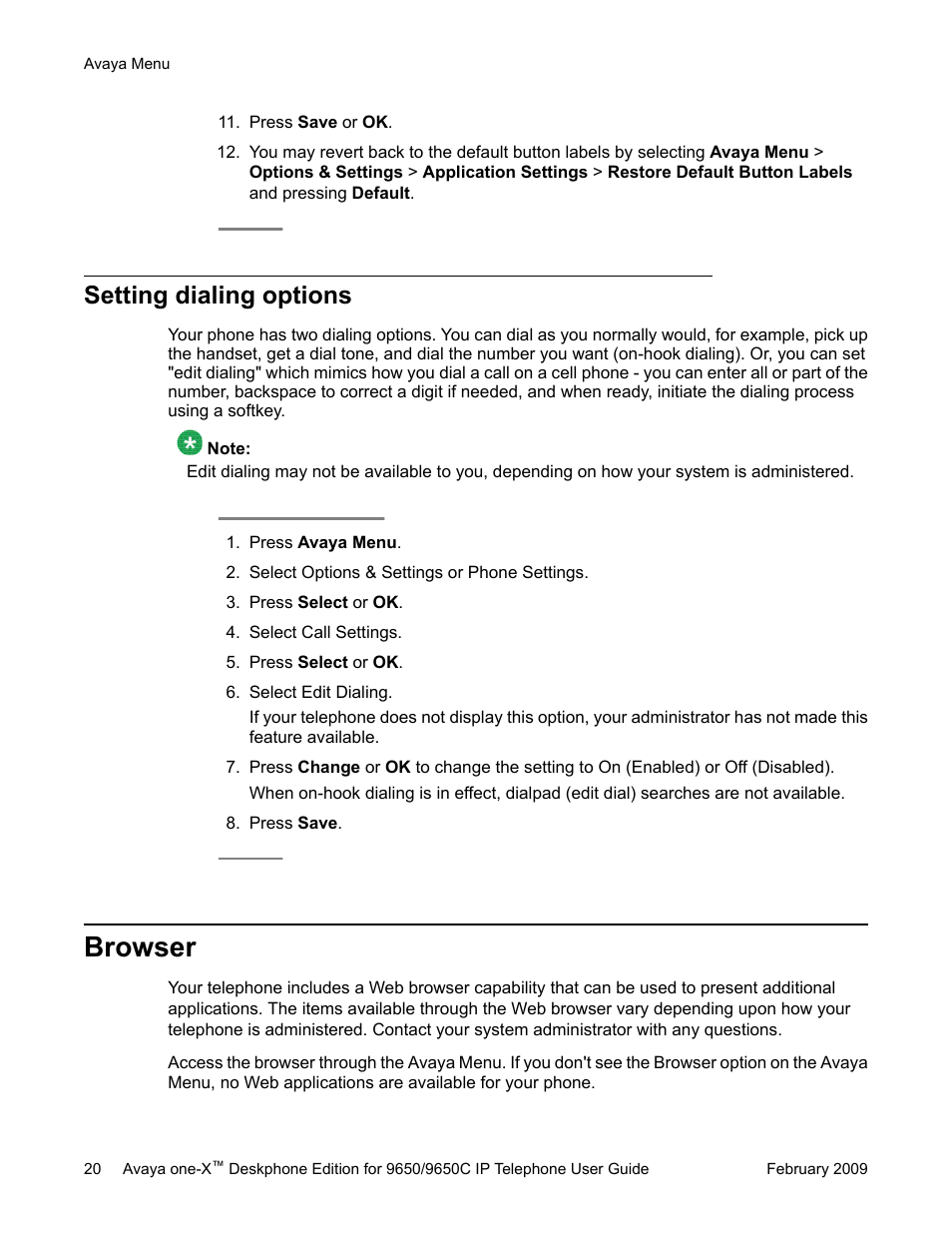 Setting dialing options, Browser | Avaya 9650C User Manual | Page 20 / 62