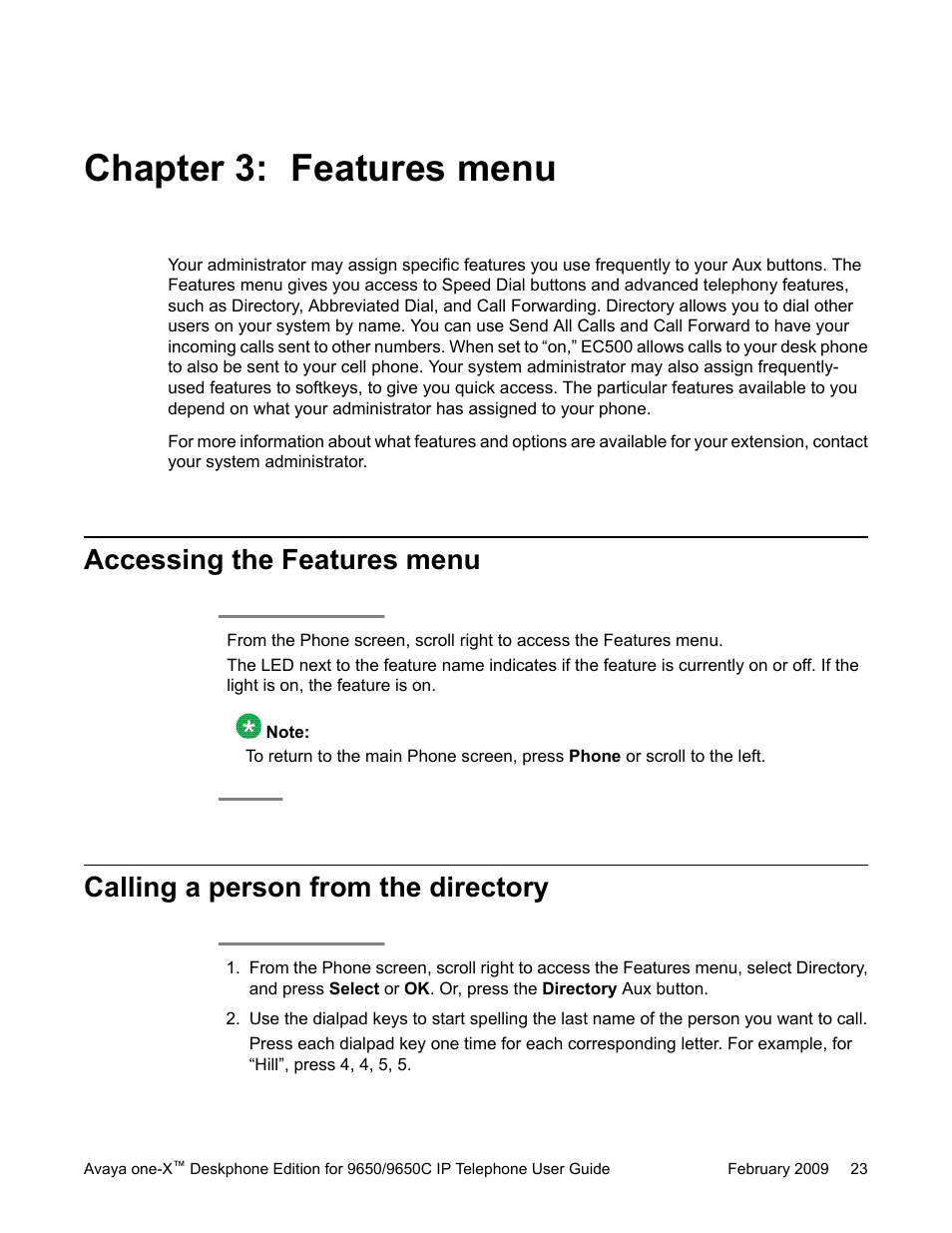 Chapter 3: features menu, Accessing the features menu, Calling a person from the directory | Avaya 9650C User Manual | Page 23 / 62