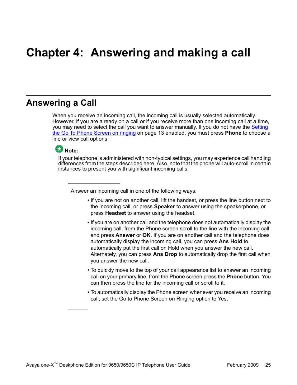 Chapter 4: answering and making a call, Answering a call | Avaya 9650C User Manual | Page 25 / 62
