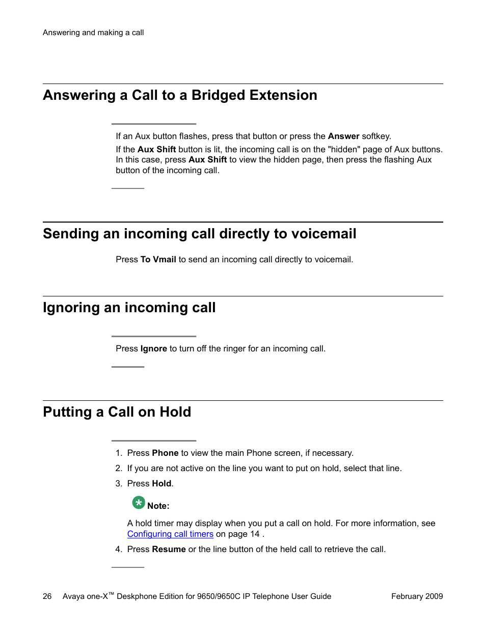 Answering a call to a bridged extension, Sending an incoming call directly to voicemail, Ignoring an incoming call | Putting a call on hold | Avaya 9650C User Manual | Page 26 / 62