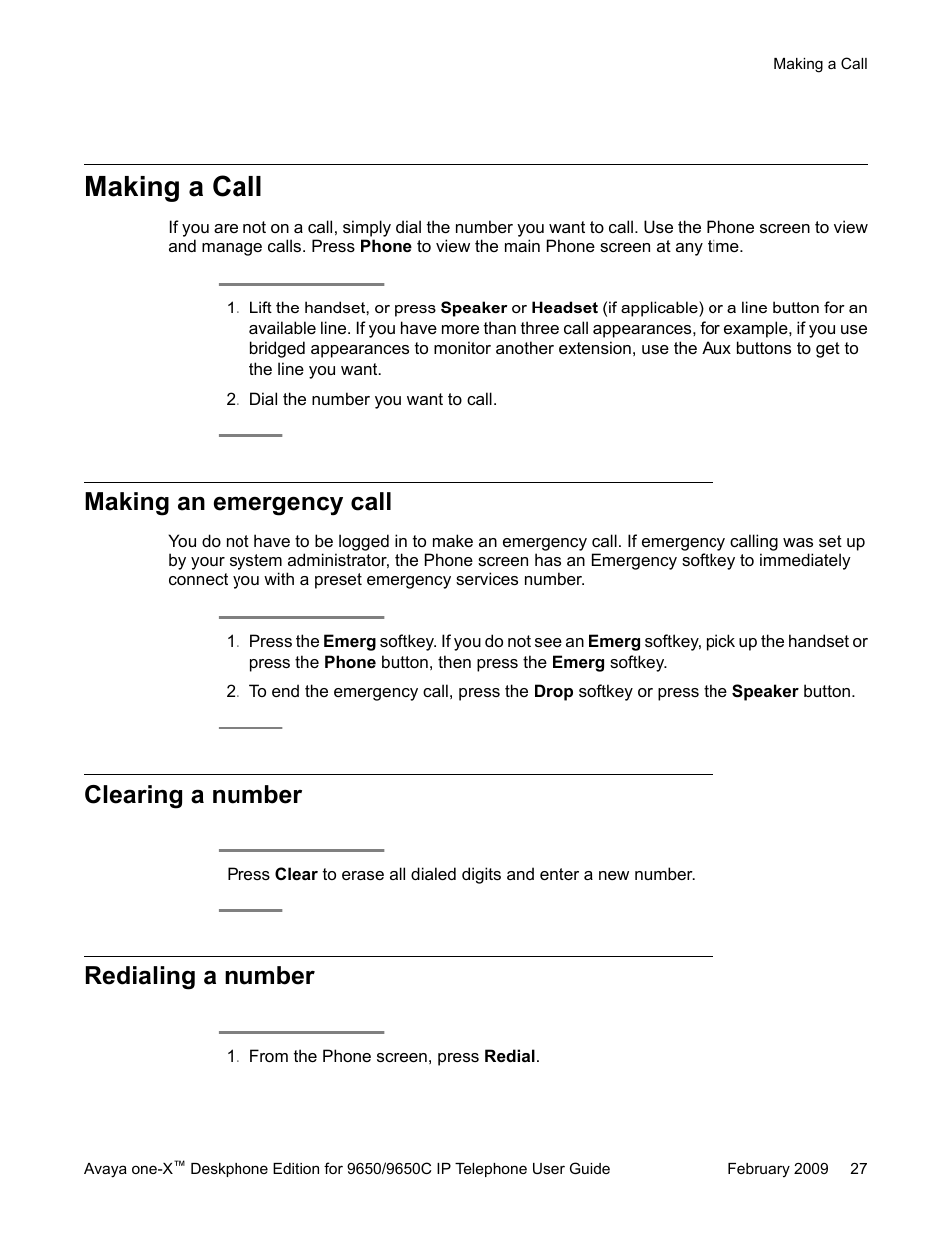 Making a call, Making an emergency call, Clearing a number | Redialing a number | Avaya 9650C User Manual | Page 27 / 62