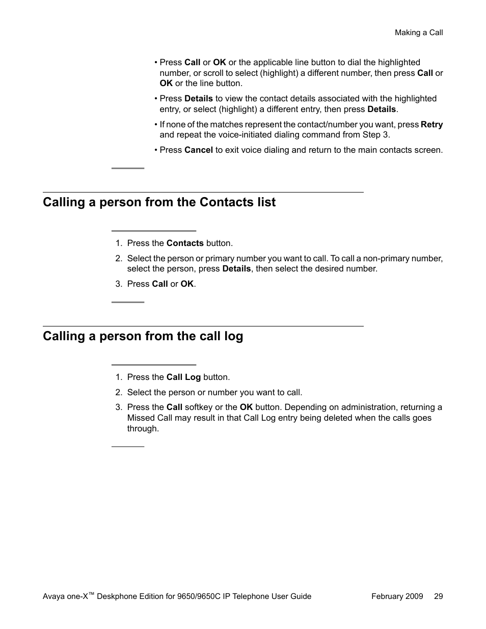 Calling a person from the contacts list, Calling a person from the call log | Avaya 9650C User Manual | Page 29 / 62